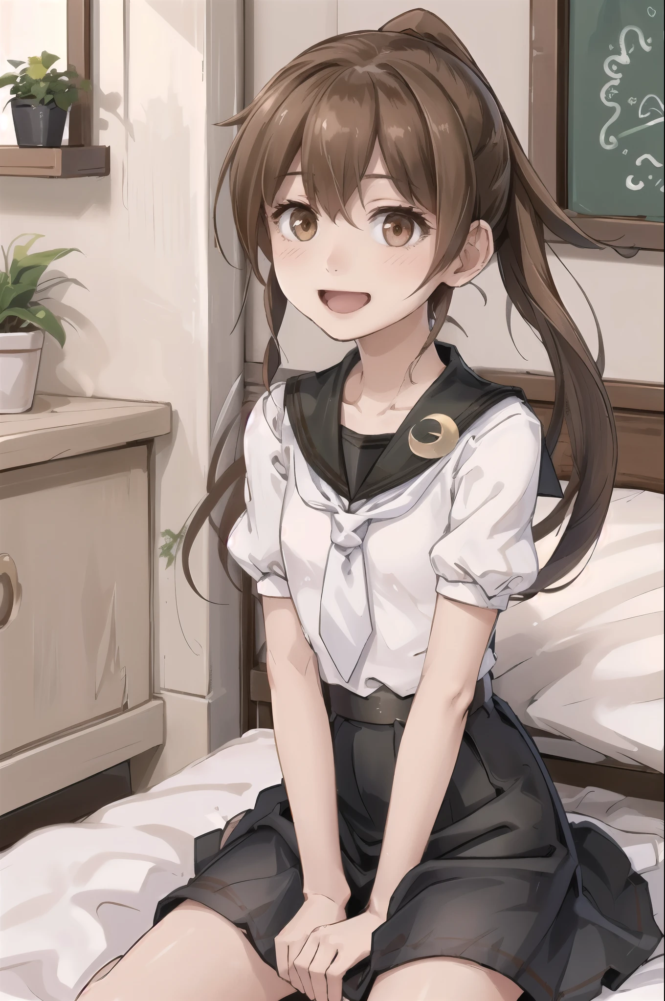 (masterpiece), (Highest quality), (Super detailed), ((Very delicate and beautiful)), One girl, 独奏, July, Cowboy Shot, Black Sailor Suit, White neckerchief, Crescent Pin, (very long hair), ponytail, smile, Flat Chest, belt, Black Skirt, chestnut mouth, Sitting, on bed, spoken question mark,  indoors, Detailed iris, young, 