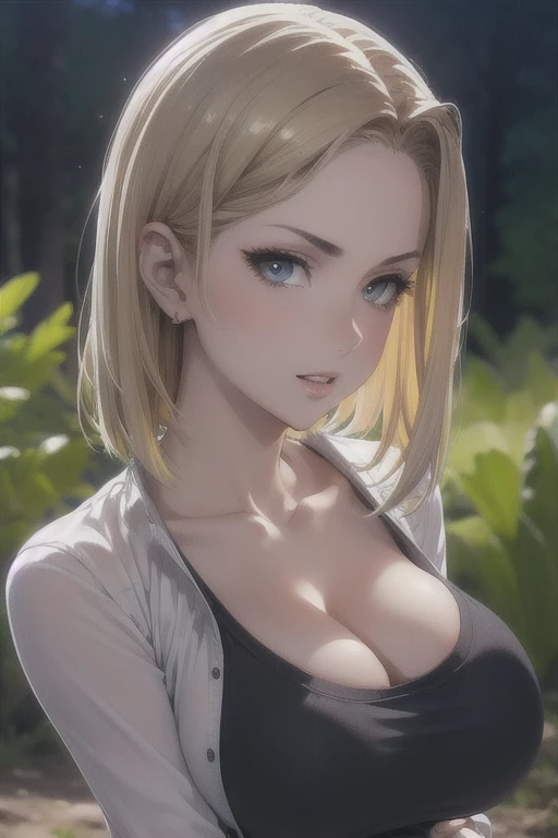 first portrait, sexy SSpelo rubio, parted lips, lips, casual wear, looking at the viewer, forest background, evening lights, Realistic busty