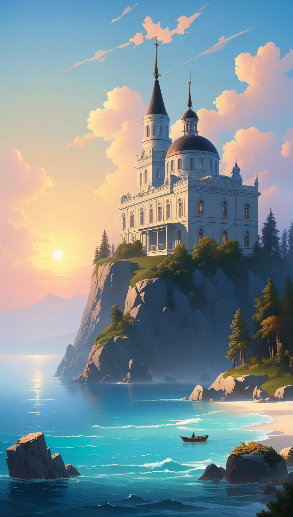 a beautiful painting of a
building in a serene
landscape by lvan
Aivazovsky, Trending on
artstation.