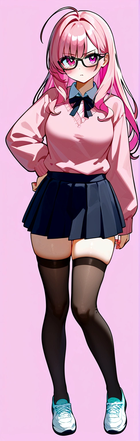 pink hair black glasses pink eyes extremely blushing a big pink sweater short black skirt black stockings white tennis shoes that is a reserved girl that is pouting