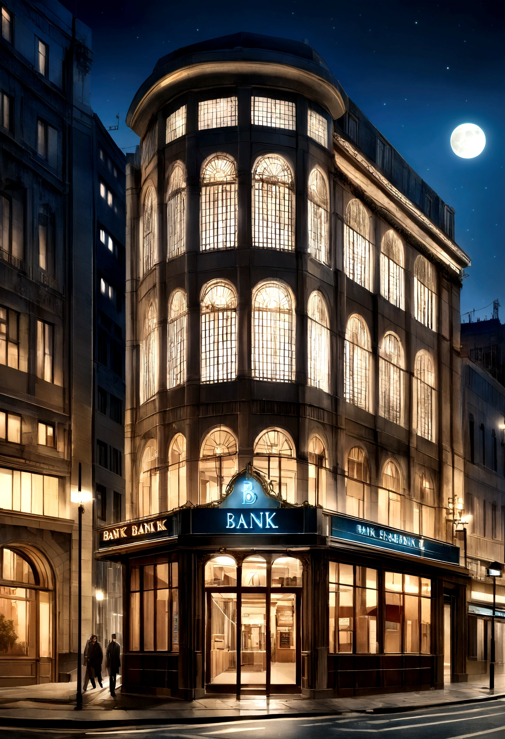 (Realistic construction, realistic image, rich in details) facade, bright sign written ¨Bank¨, streets, buildings, bank, central bank, 70s, night sky, small full moon, lights, night scenery, shades of gray.