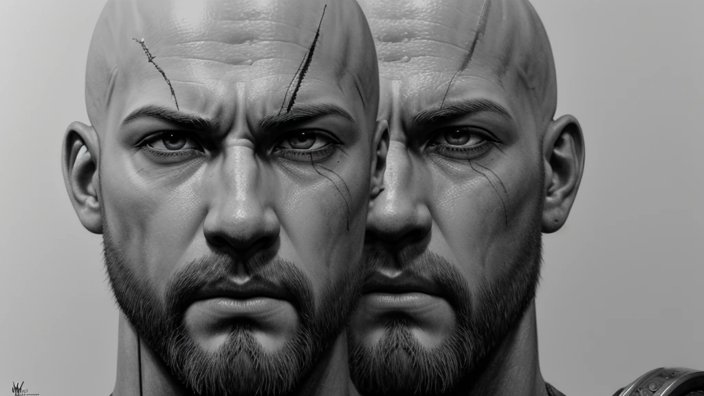 Kratos hyperrealism drawing, closed face photorealism, unrealistic rendering of engine 5, cinematographic, very detailled, 4K, black andwhite, White background