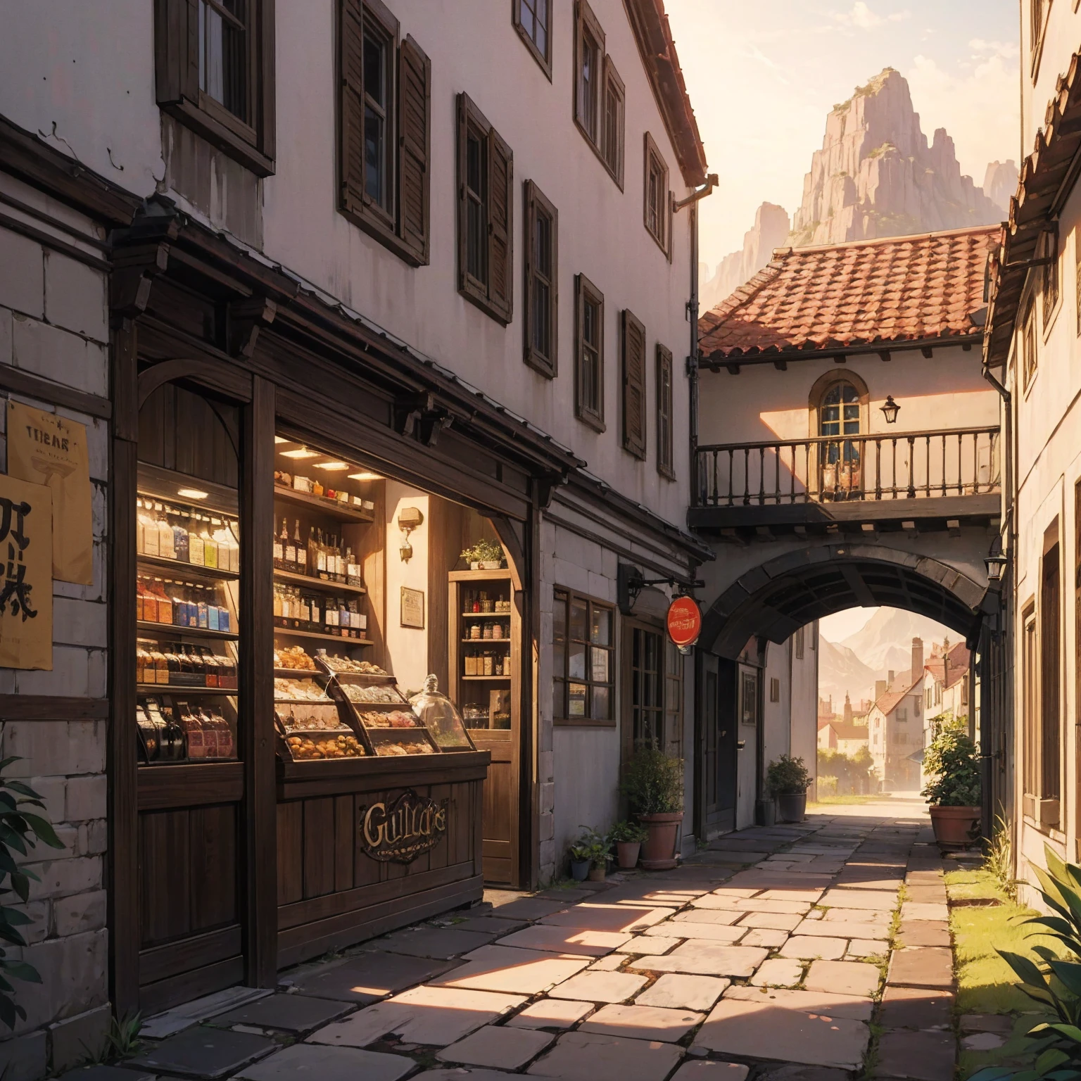 anime background, anime wallpaper, anime, anime style, lofi, lofi style, medieval street, mountains, uphill, medieval architecture, medieval convenience store, big retro medieval shop signs, retro medieval store, trees, plants, rocks, plant pots, shop signs, medieval banners like (guild, blacksmith, alchemist, restaurant), medieval signs, flags, sunrise, golden hour, golden lighting, empty street, no one in sight (no one: 1)