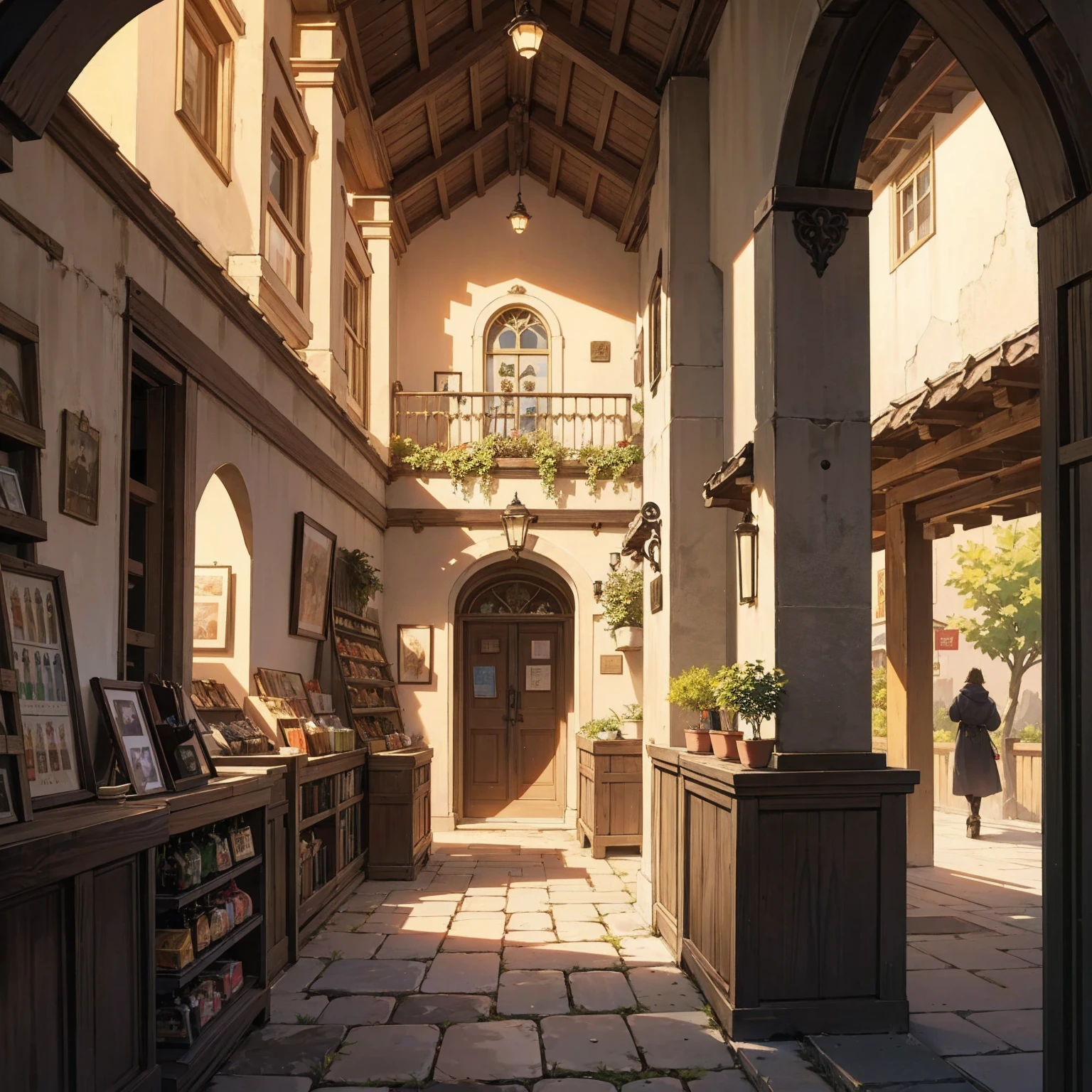 anime background, anime wallpaper, anime, anime style, lofi, lofi style, medieval street, mountains, uphill, medieval architecture, medieval convenience store, big retro medieval shop signs, retro medieval store, trees, plants, rocks, plant pots, shop signs, medieval banners like (guild, blacksmith, alchemist, restaurant), medieval signs, flags, sunrise, golden hour, golden lighting, empty street, no one in sight (no one: 1)