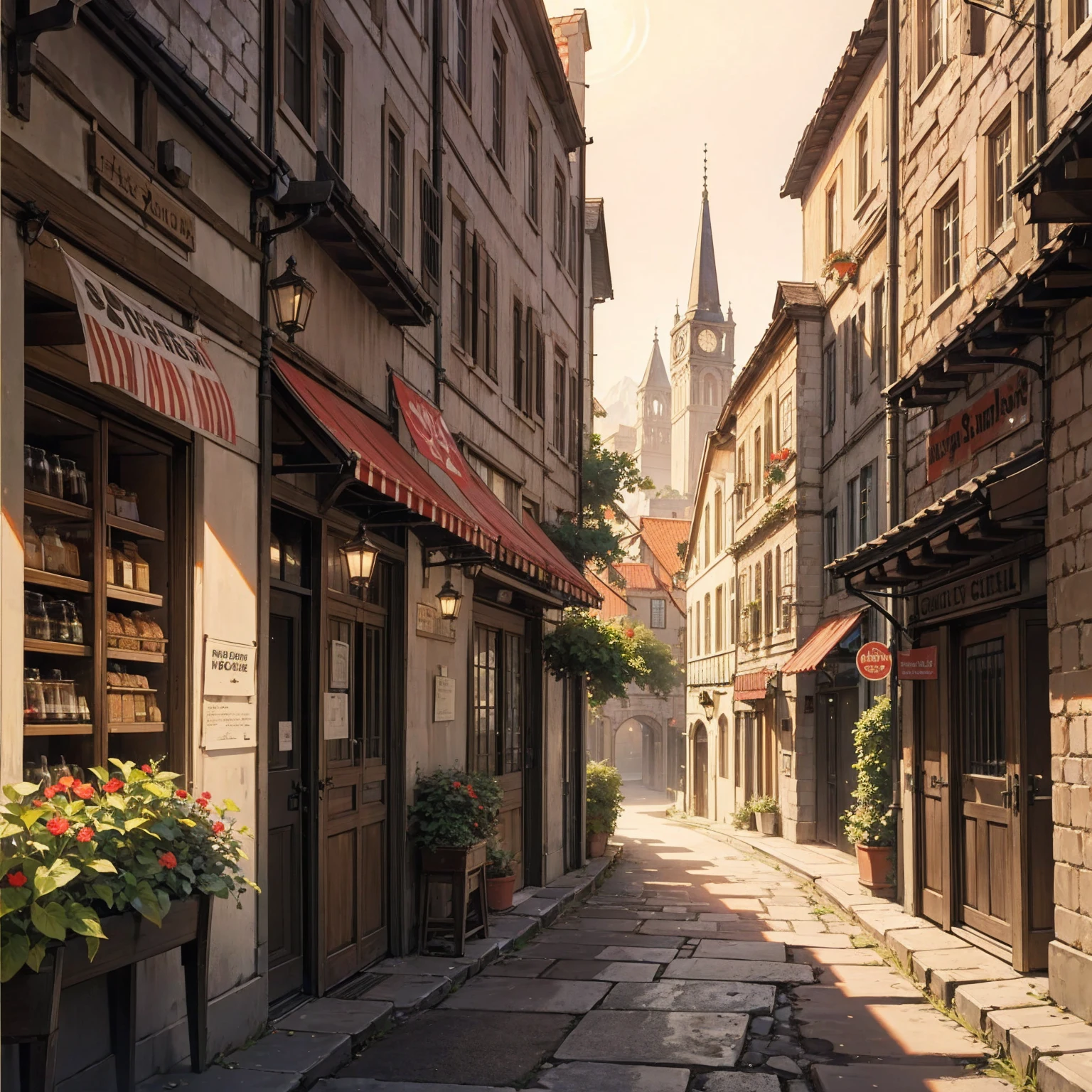 anime background, anime wallpaper, anime, anime style, lofi, lofi style, medieval street, mountains, uphill, medieval architecture, medieval convenience store, big retro medieval shop signs, retro medieval store, trees, plants, rocks, plant pots, shop signs, medieval banners like (guild, blacksmith, alchemist, restaurant), medieval signs, flags, sunrise, golden hour, golden lighting, empty street, no one in sight (no one: 1)