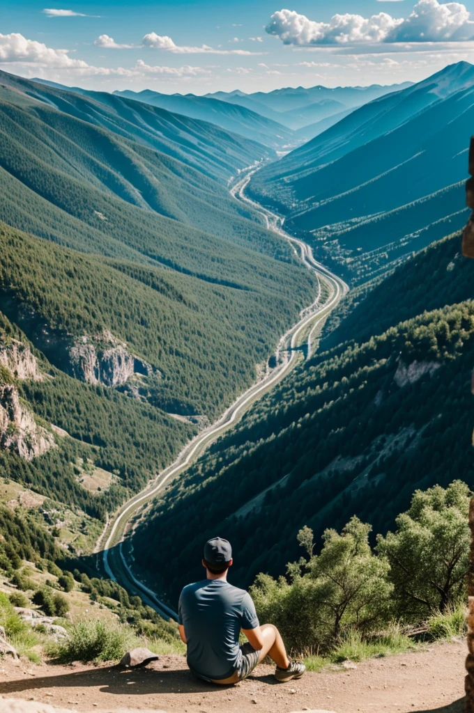 A guy sitting in the mountain and watching down the valley from his backside