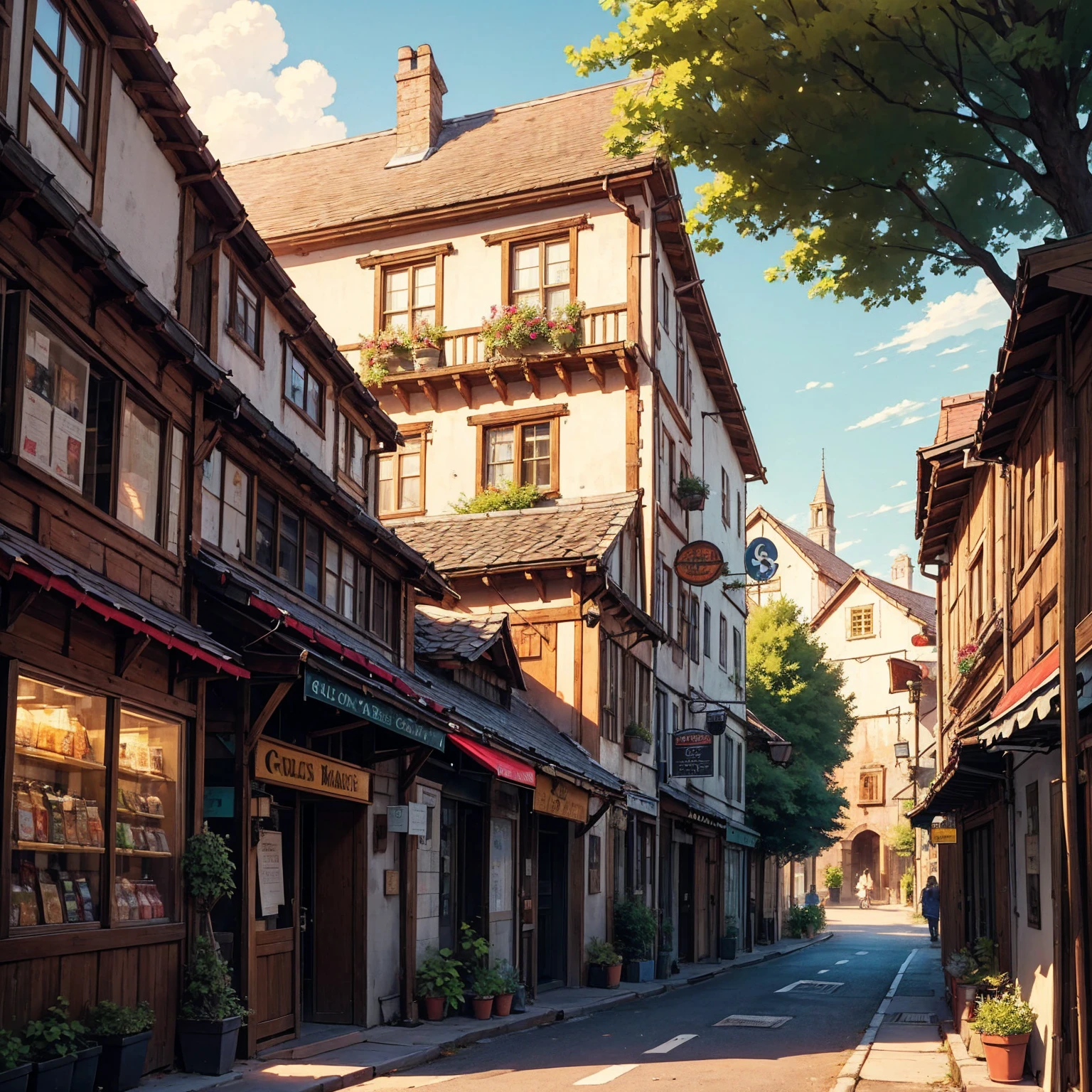 anime background, anime wallpaper, anime, anime style, lofi, lofi style, medieval street, mountains, uphill, medieval architecture, medieval convenience store, big retro medieval shop signs, retro medieval store, trees, plants, rocks, plant pots, shop signs, medieval banners like (guild, blacksmith, alchemist, restaurant), medieval signs, flags, sunrise, golden hour, golden lighting, empty street, no one in sight (no one: 1)