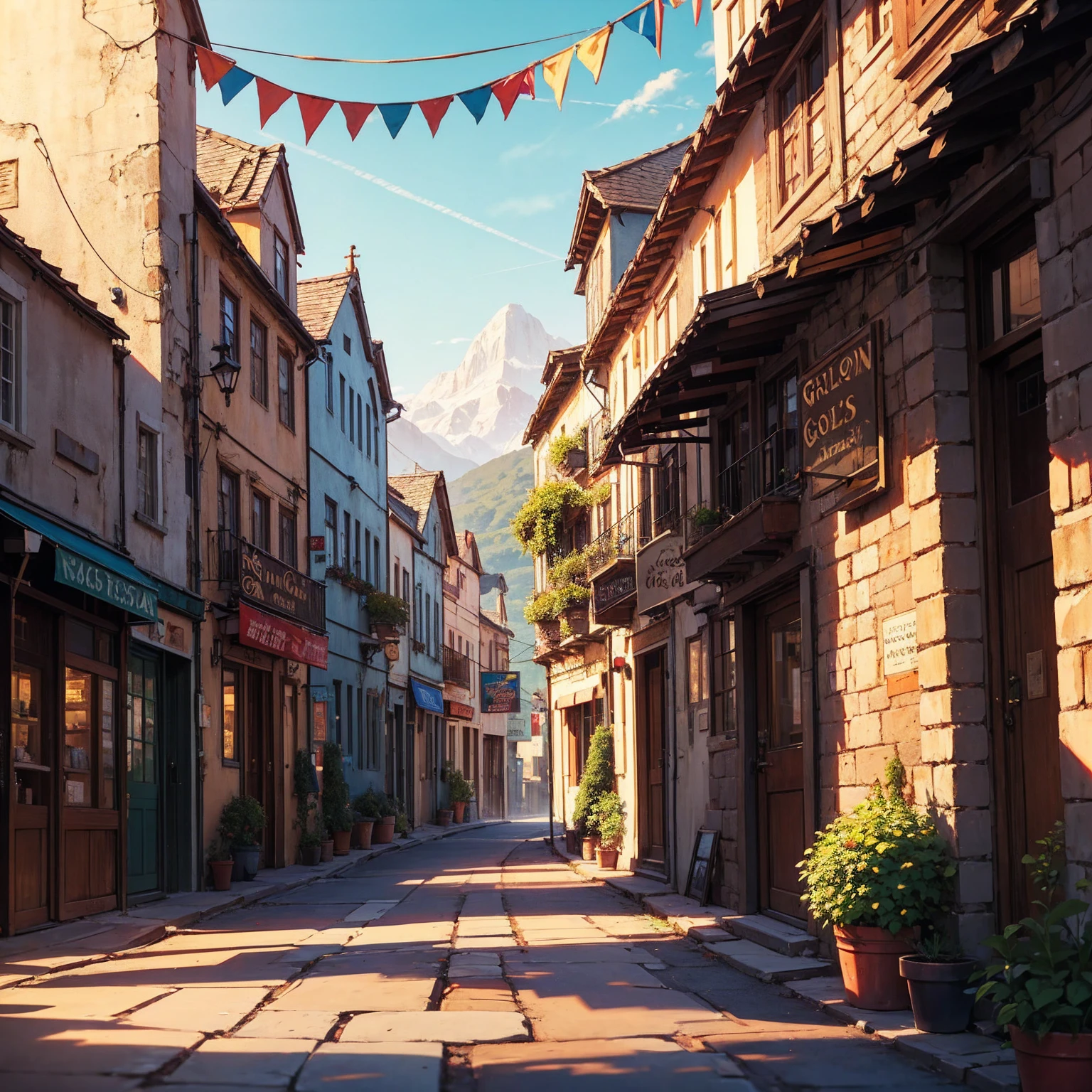 anime background, anime wallpaper, anime, anime style, lofi, lofi style, medieval street, mountains, uphill, medieval architecture, medieval convenience store, big retro medieval shop signs, retro medieval store, trees, plants, rocks, plant pots, shop signs, medieval banners like (guild, blacksmith, alchemist, restaurant), medieval signs, flags, sunrise, golden hour, golden lighting, empty street, no one in sight (no one: 1)