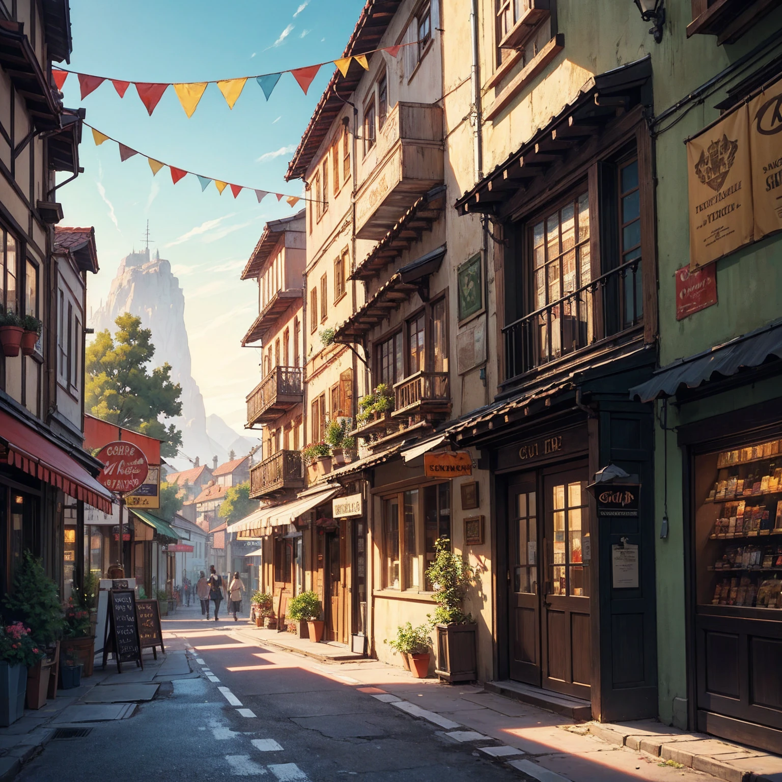 anime background, anime wallpaper, anime, anime style, lofi, lofi style, medieval street, mountains, uphill, medieval architecture, medieval convenience store, big retro medieval shop signs, retro medieval store, trees, plants, rocks, plant pots, shop signs, medieval banners like (guild, blacksmith, alchemist, restaurant), medieval signs, flags, sunrise, golden hour, golden lighting, empty street, no one in sight (no one: 1)