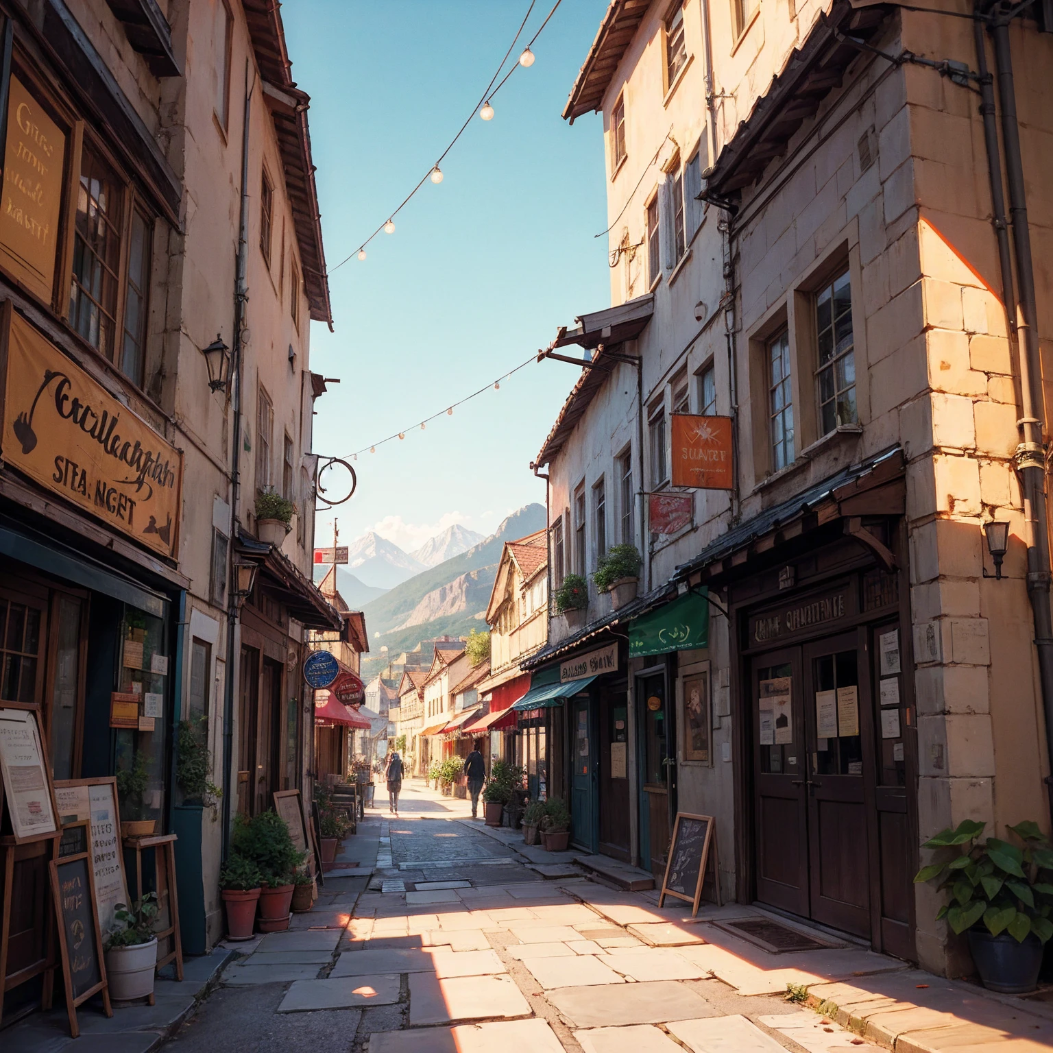 anime background, anime wallpaper, anime, anime style, lofi, lofi style, medieval street, mountains, uphill, medieval architecture, medieval convenience store, big retro medieval shop signs, retro medieval store, trees, plants, rocks, plant pots, shop signs, medieval banners like (guild, blacksmith, alchemist, restaurant), medieval signs, flags, sunrise, golden hour, golden lighting, empty street, no one in sight (no one: 1)