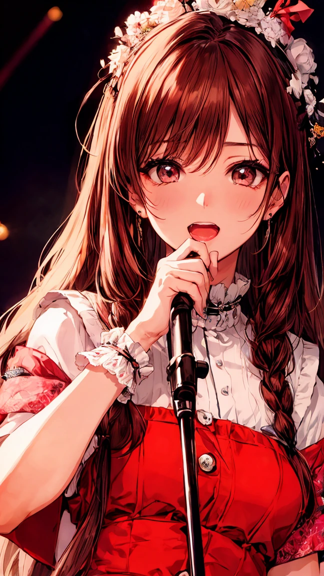 Very cute and beautiful K-POP female singers, Singing on the Gondola Live Stage, 
break,
Face close-up, Singing scene, Dress scene, Looking at the audience, 
break,
Expressing the singer in bright colors, Expressing the singer&#39;s dress in colorful colors, Expressing the singer&#39;s voice with warm colors