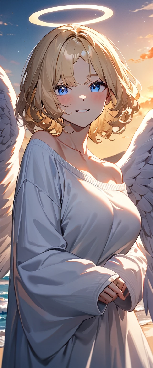 (((One girl))), full wing, flying in the sky, ((angel, big big white wings:1.2, halo:1.3)), Uriel, ((wavy hair, outward curled hair)), evening, Sunset, sea, beach, ((blond hair, bob cut:1.3)), big breasts, teenager, (looking at viewer), oversized clothes, puffy long sleeves, collarbone, ((off-shoulder sweater dress:1.3, Quite thick shoulder straps)), (((sleeves past wrists:1.3))), ((white sweater)), collarbone, head tilt:1.3, (((blue eye))), ((happy smile)), (((anime style))), (best quality, 4K, 8K, highres, masterpiece:1.2, ultra-detailed, ultra-detailed eyes, HDR, uhd, studio lighting, ultra-fine painting, sharp focus, physically-based rendering, extreme detail description, professional, vivid colors, bokeh), ((Highest quality, Best image quality, Ultra-high resolution, Ultra-high resolution, solo, Strong eye highlights)), Depth of written boundary, Natural soft light, attractive, Beautiful Face, Cleanliness, Pure Face, medium chest, Beautiful Face, Perfect Fingers, Perfect hands, Perfect body, Perfect Face, Shine a light into your eyes, Perfect Anatomy
