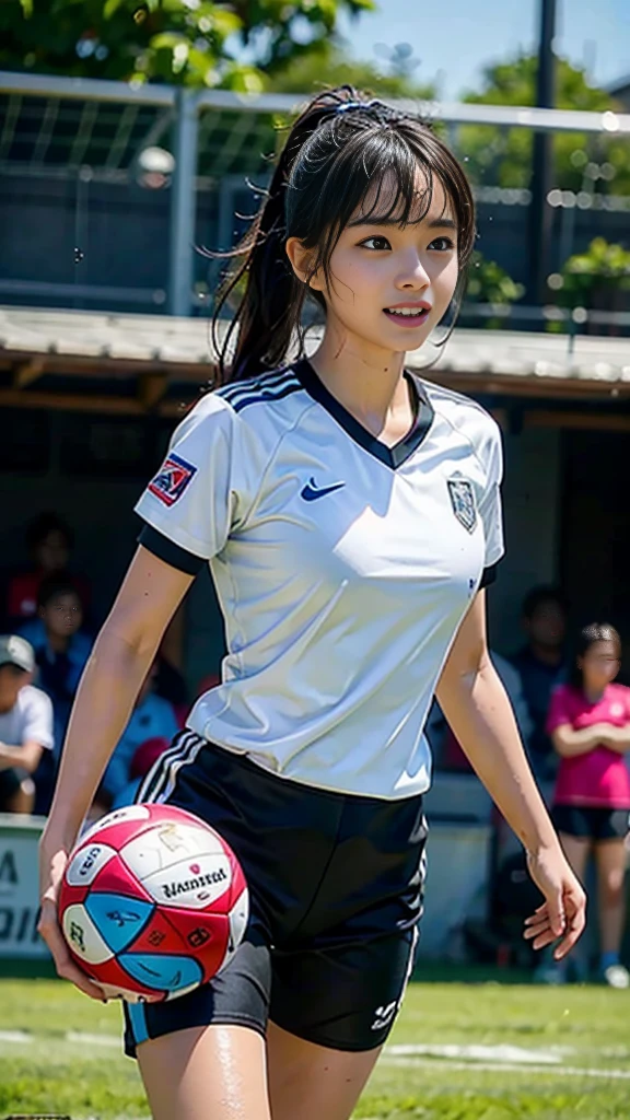 Highest quality, High resolution:1.2, Super detailed, Realistic:1.3, ((Beautiful woman))、((Ultra tight uniform))、((Big Breasts))、Vibrant colors, play soccer,((blunt bangs))、Has bangs、Wet Hair, Concentration, Splash, Action Shots, Grass blotches, Muddy ground, Wet turf, Decide, Fast-paced games, Athletic physique, Shiny soccer ball, Wet uniform, raindrop, Blurred motion, Focus on the ball, Intense competition, Skillful dribbling, Energetic play, Teamwork, powerful shoots, Wet pitch, Passionate sports, Fierce Decide, Humid atmosphere, Fluid movement, emotional expression、Dramatic lighting, Women's Sports, Avid athletes, Exciting Games, endure, Excited state, Speed and agility, Energetic play, 濡れたSplash、smile、hair band