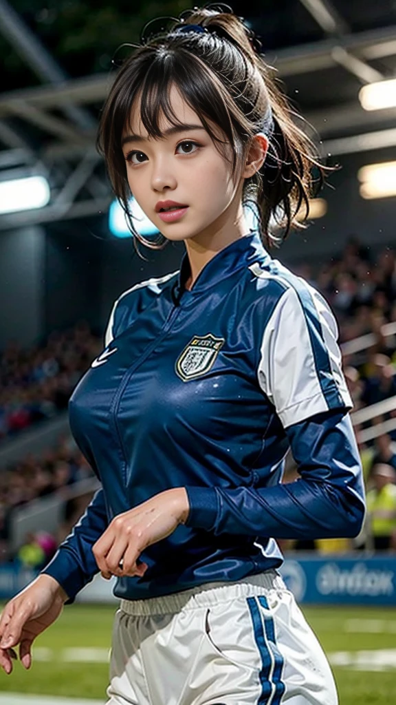 Highest quality, High resolution:1.2, Super detailed, Realistic:1.3, ((Beautiful woman))、((Ultra tight uniform))、((Big Breasts))、Vibrant colors, play soccer,((blunt bangs))、Has bangs、Wet Hair, Concentration, Splash, Action Shots, Grass blotches, Muddy ground, Wet turf, Decide, Fast-paced games, Athletic physique, Shiny soccer ball, Wet uniform, raindrop, Blurred motion, Focus on the ball, Intense competition, Skillful dribbling, Energetic play, Teamwork, powerful shoots, Wet pitch, Passionate sports, Fierce Decide, Humid atmosphere, Fluid movement, emotional expression、Dramatic lighting, Women's Sports, Avid athletes, Exciting Games, endure, Excited state, Speed and agility, Energetic play, 濡れたSplash、smile、hair band