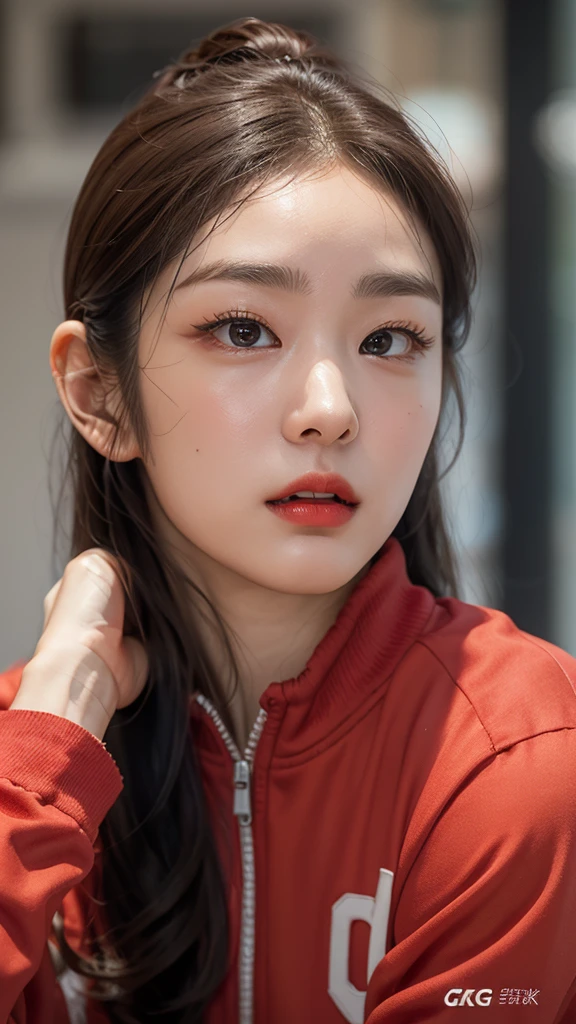 Highly detailed CG Unity 8K wallpapers，top Quority，Super detailed，tmasterpiece，realisticlying，photograph realistic，Very detailed cute girl，25 age old，musculature，Microabs，Round eyes，peeping at the viewer，Be red in the face，parted lip，Half-body shooting，
track suit ， gym room，