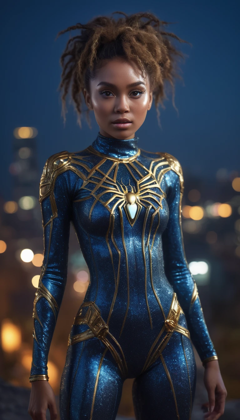 full body length,spidergirl of Chalcopyrite,babygirl,native african,intricate details,realistic humid skin,extremely intricate,Epic Realistic, Romantic, cinematic style,irina yermolova, messy hair,luminous eyes,extremely detailed, [night landscape],masterpiece,intricate details,faded,eyes extremely detailed, high detailed eyes,4k resolution,RAW, Nikon Z9,photosnap in action