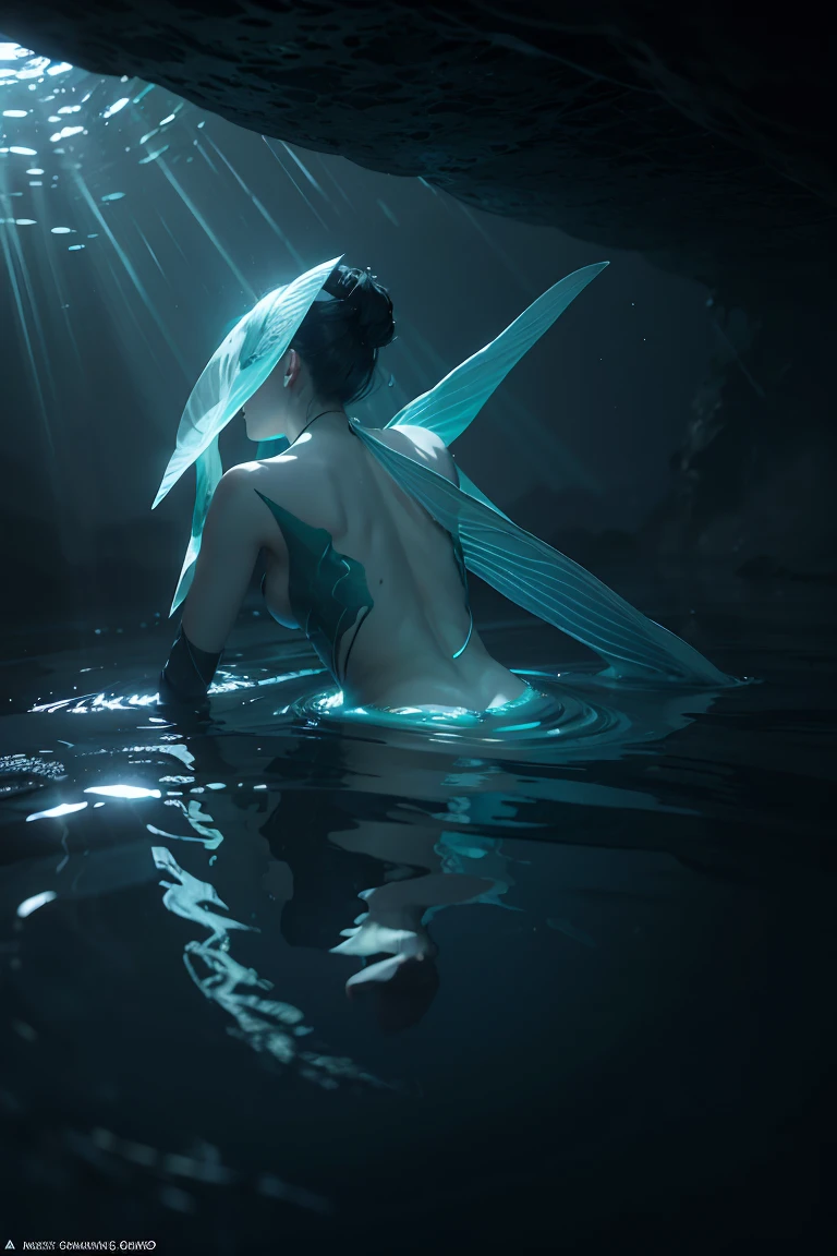 Photorealistic merperson, 8K underwater scene, caustics and god rays, volumetric particle systems for plankton, subsurface scattering on translucent fins, physically-based water shaders, bioluminescent effects with emission maps, depth-aware fog, bubble particle systems, raytraced reflections and refractions --ar 21:9 --stylize 1000 --q 2 --v 5