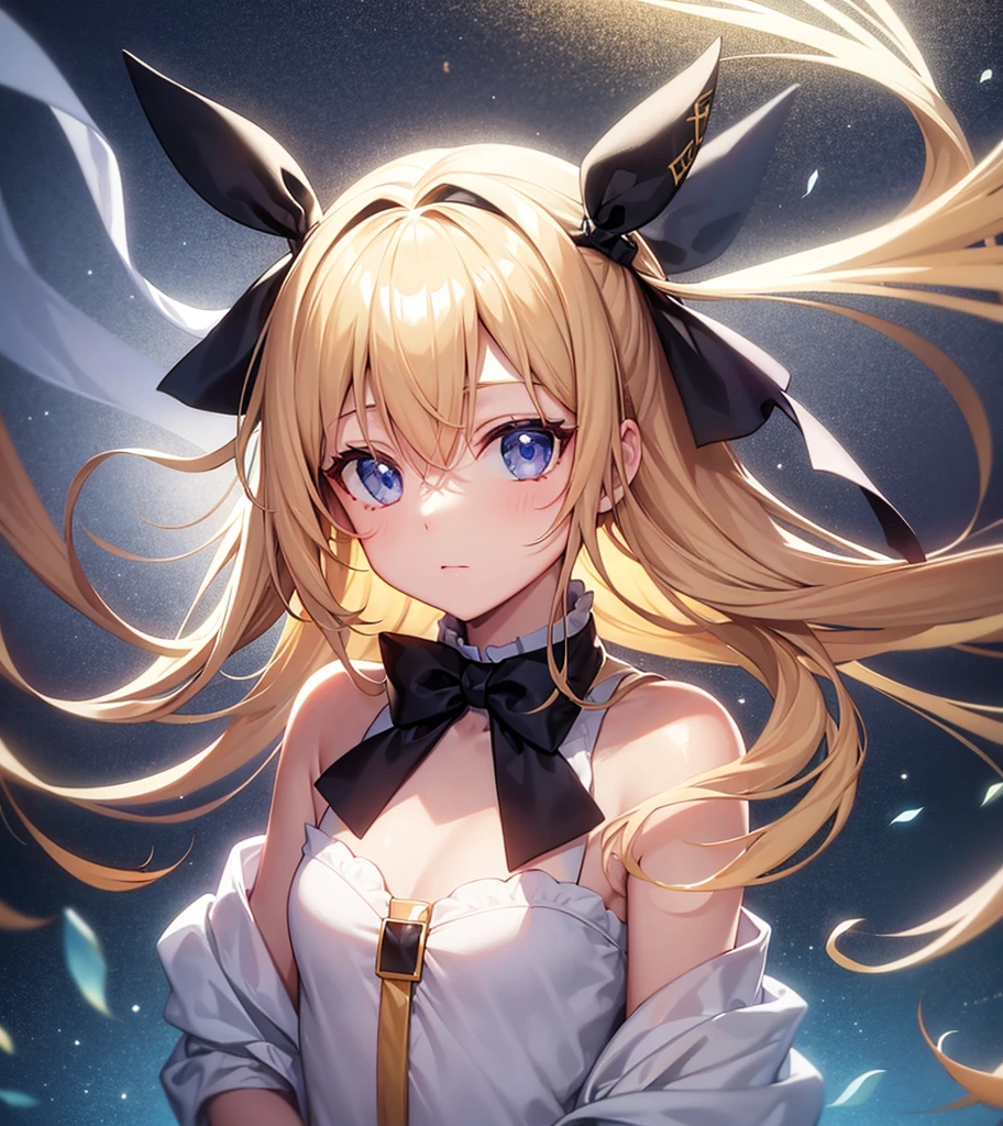 ((ribbon))),(hairpin),Cute little ,Tiny ,Small girl,,Childish face, Very fine clean face,Top quality,Straight Hair,Yellow hair,(Dark Room), Subtle light, Natural light,Soft lighting,Light from directly behind, (Are standing),Front view,Black background