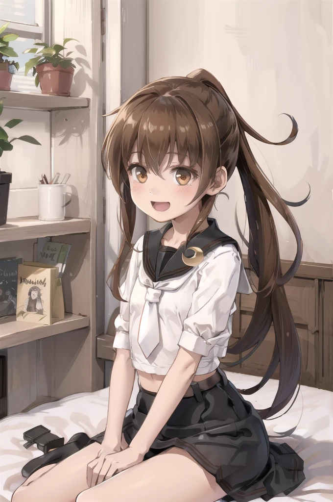 (masterpiece), (Highest quality), (Super detailed), ((Very delicate and beautiful)), One girl, 独奏, July, Cowboy Shot, Black Sailor Suit, White neckerchief, Crescent Pin, (very long hair), ponytail, smile, Flat Chest, belt, Black Skirt, chestnut mouth, Sitting, on bed, spoken question mark,  indoors, Detailed iris, young, (panties), (bra), (In underwear), (Flashy underwear), (lingerie),  Skirt Lift