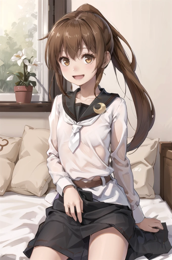 (masterpiece), (Highest quality), (Super detailed), ((Very delicate and beautiful)), One girl, 独奏, July, Cowboy Shot, Black Sailor Suit, White neckerchief, Crescent Pin, (very long hair), ponytail, smile, Flat Chest, belt, Black Skirt, chestnut mouth, Sitting, on bed, spoken question mark,  indoors, Detailed iris, young, (panties), (bra), (In underwear), (Flashy underwear), (lingerie),  Skirt Lift