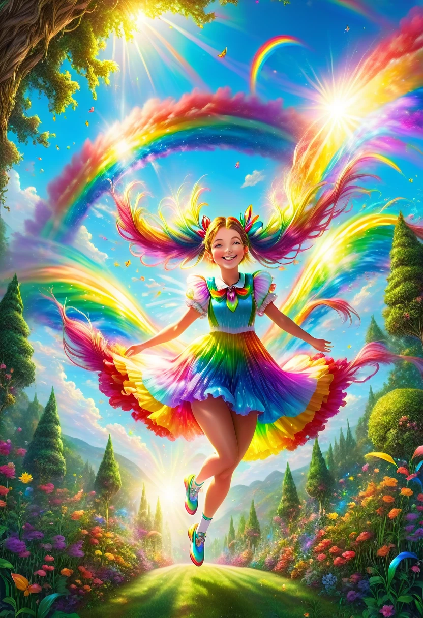 1girl, long rainbow colored twin tails:1.9, bright smiling expression, beautiful magical girl jumping down from tall trees in a magical garden, shining morning sunlight, low angle shot:1.75, close-up of the girl, extremely detailed, complex, photorealistic, 8k, HDR, cinematic lighting, vivid colors, soft and dreamlike