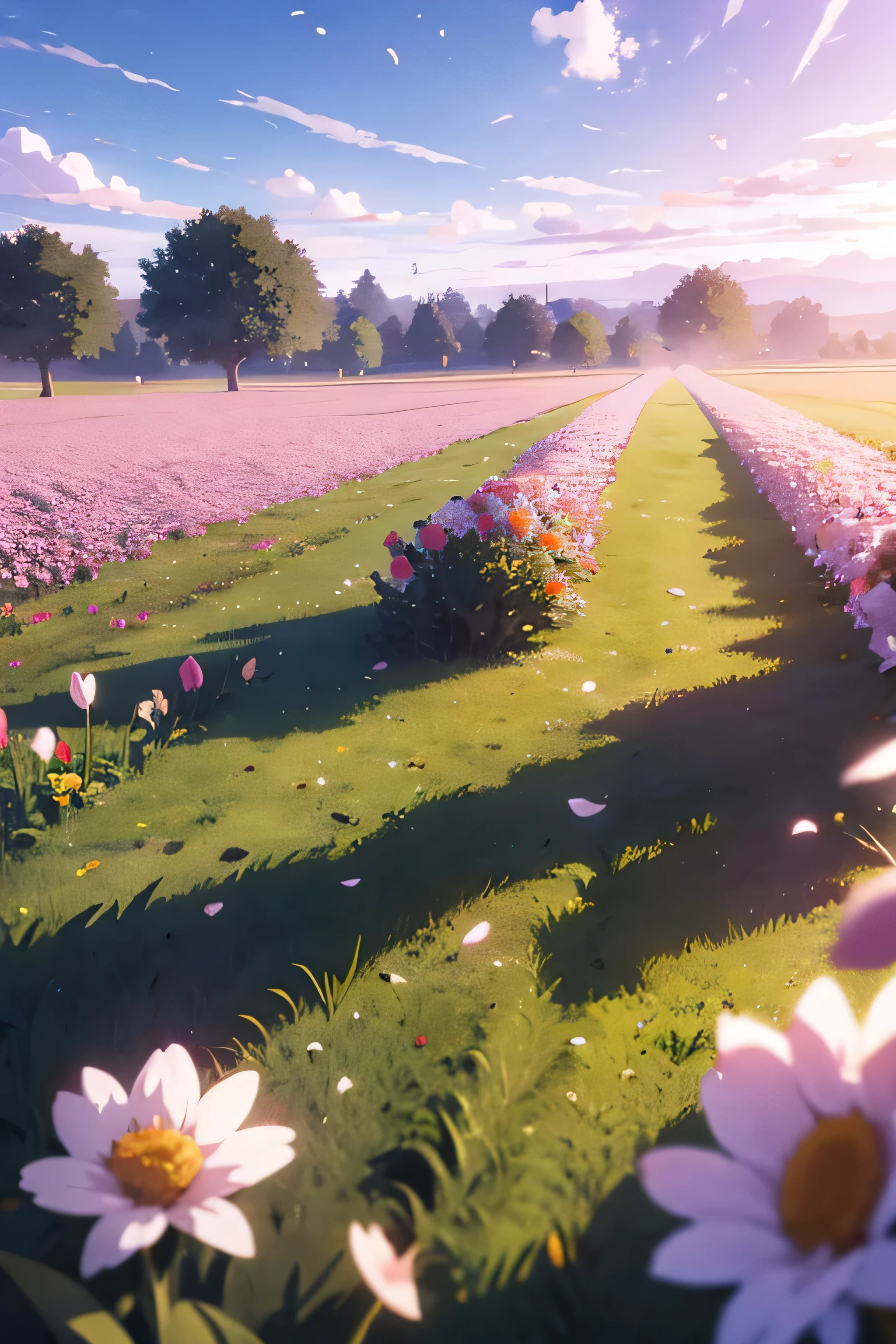 Field of flowers, and petals flying, Open field . Animation scene, anime, 3D