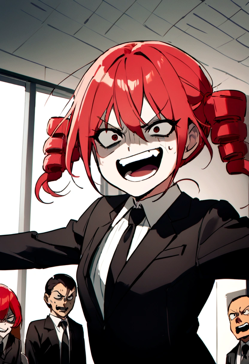 Red hair、Black suit、punch、Scary smile、office、Daytime、punching,Front facing