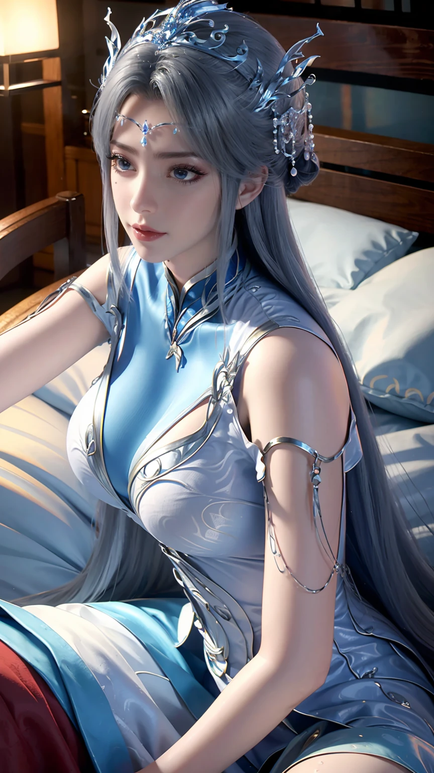 一个女孩Lying in bed，Dressed in suspender pajamas，Face up，Raise your legs slightly，Front view super detailed beautiful big breasted girl 16 years old. Ultra HD, 4K, 8K, Movie，whole body，Lying down，Long legs，Very big breasts，whole body捕捉，（（（Lying in bed））），（（（whole bodyLying in bed））），big bed，Off-shoulder，Shoulder-length skirt，Lying in bed，Sleeping on the pillow，Lying down，Headrest pillows，（（（平Lying in bed））），whole body平Lying in bed，Wet all over，Water Magic，Wet