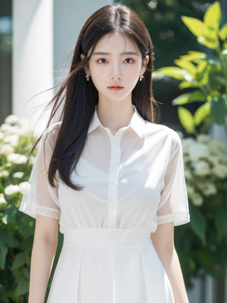absurdres, RAW photo, extremely delicate and beautiful, masterpiece, Best Quality, ultra high resolution, 32k, hyperrealistic, ultra-detailed, in her 20s, delicate facial features, tearful mole, earring, medium breasts, ((full body shot)), shorter middle hair, black hair, summer school_uniform,
