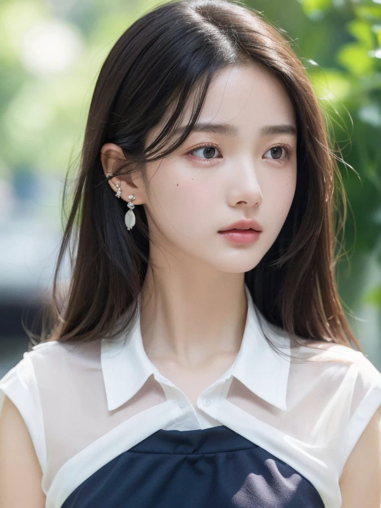 absurdres, RAW photo, extremely delicate and beautiful, masterpiece, Best Quality, ultra high resolution, 32k, hyperrealistic, ultra-detailed, in her 20s, delicate facial features, tearful mole, earring, medium breasts, ((full body shot)), shorter middle hair, black hair, summer school_uniform,