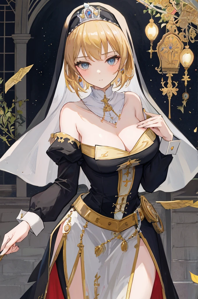 A woman ,Gorgeous young princess,Victorian style,clavicle,Prominent and smooth underbreast area,Fallen Saint,Nun's Clothes,Intricate details,Beautifully,