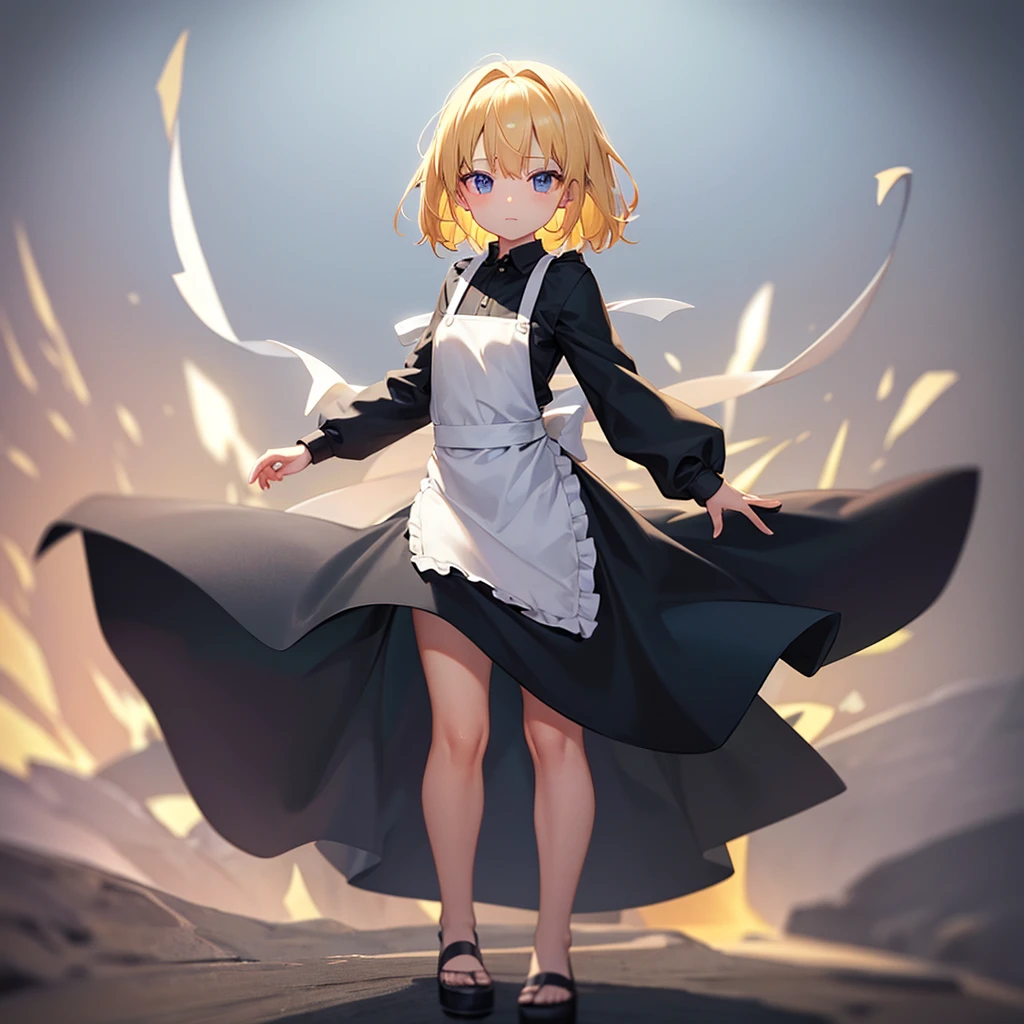 (( Apron)),Cute little ,Tiny ,Small girl,,Childace, Very fine clean face,Top quality,Straight Hair,Yellow hair,(Dark Room), Subtle light, Natural light,Soft lighting,Light from directly behind, (Are standing),Front view,Black background