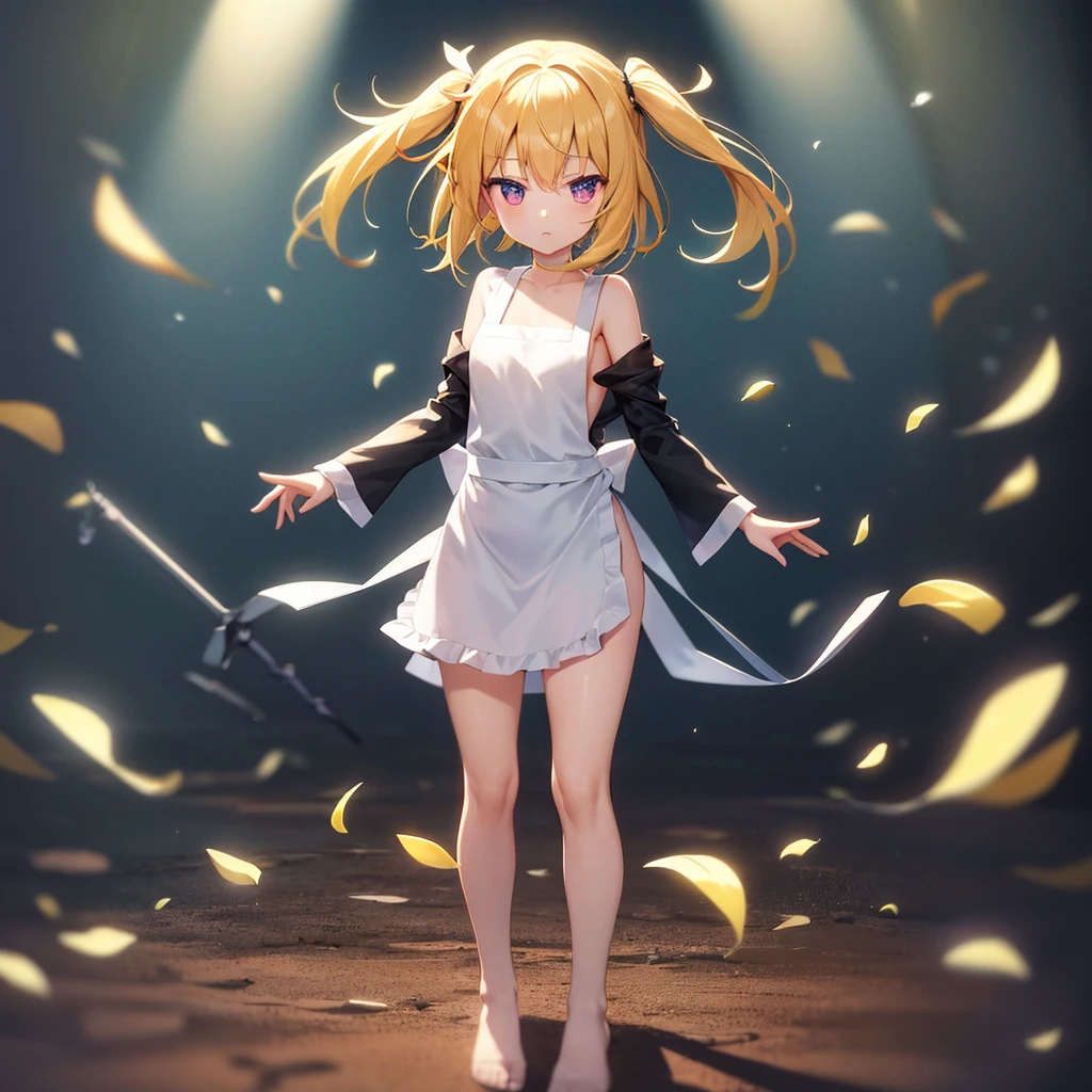 ((Naked Apron)),Cute little ,Tiny ,Small girl,,Childish face, Very fine clean face,Top quality,Straight Hair,Yellow hair,(Dark Room), Subtle light, Natural light,Soft lighting,Light from directly behind, (Are standing),Front view,Black background