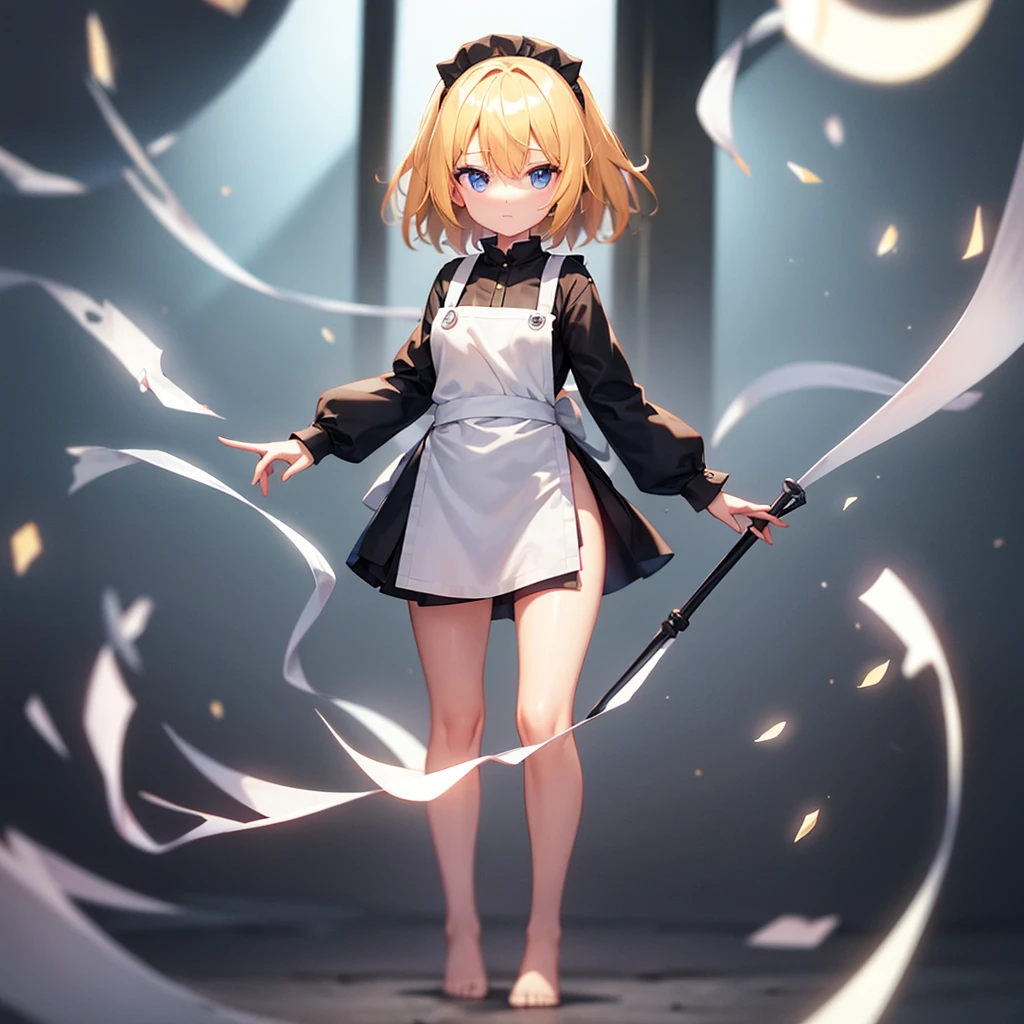 ((Naked Apron)),Cute little ,Tiny ,Small girl,,Childish face, Very fine clean face,Top quality,Straight Hair,Yellow hair,(Dark Room), Subtle light, Natural light,Soft lighting,Light from directly behind, (Are standing),Front view,Black background
