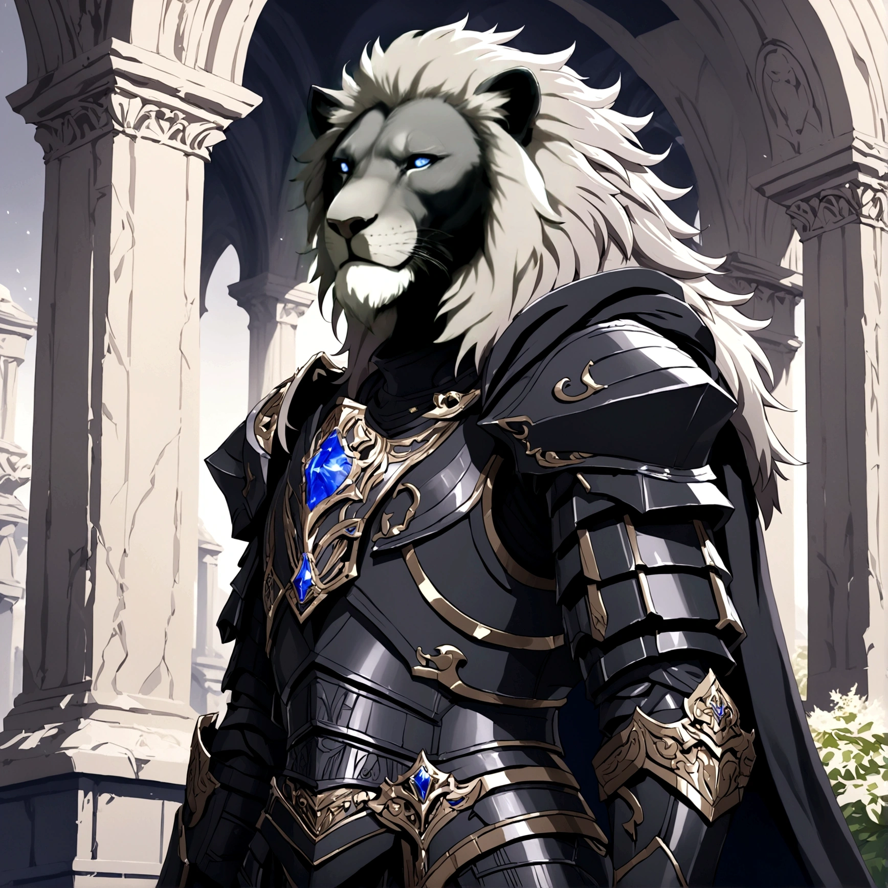 masterpiece, best quality, good quality, humanoid gray lion, Furry, a gray lush mane, scar on right eye, black armor, Combat armor, A lot of growth, black fur cape, Fantasy aesthetics, Highly detailed, shadowverse style