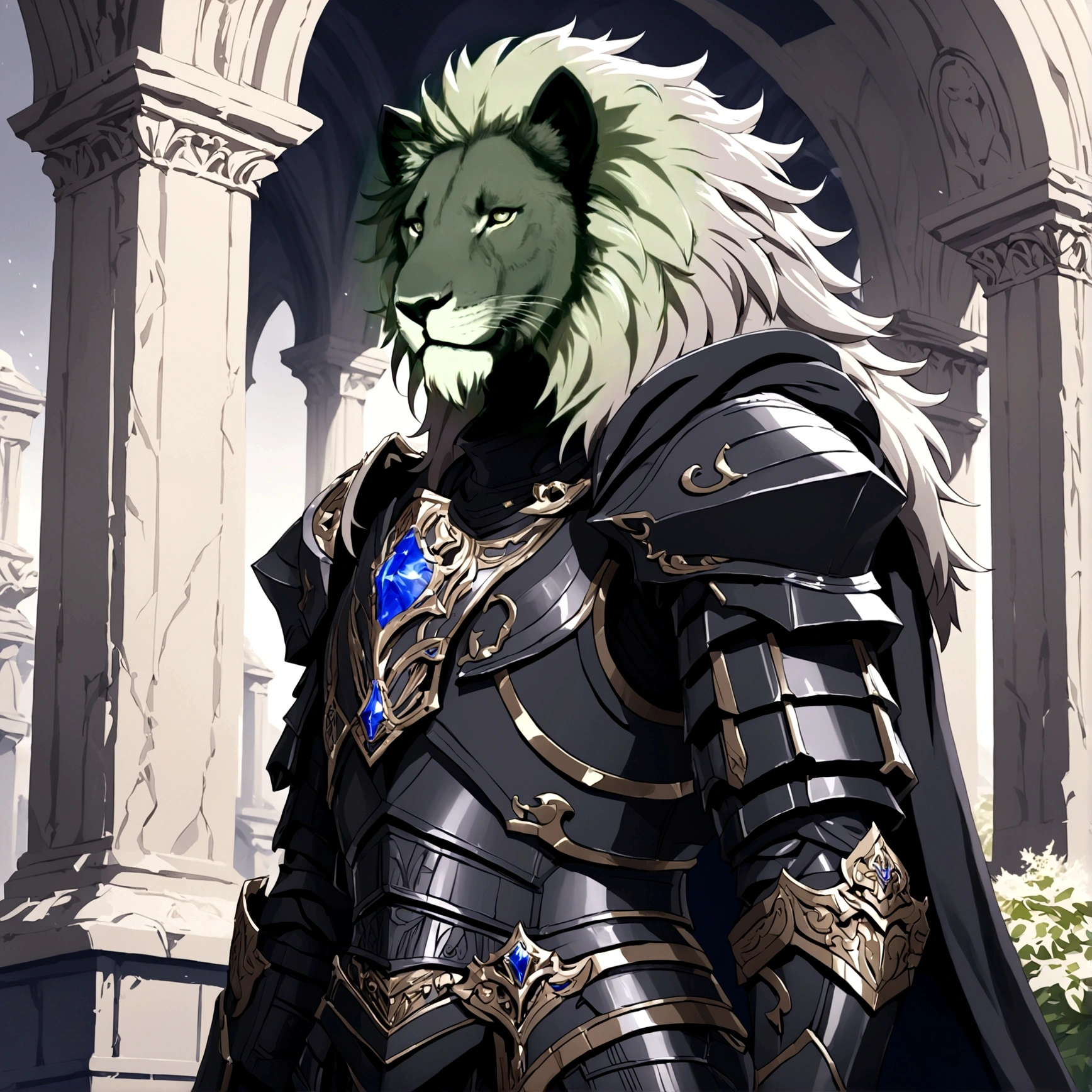 masterpiece, best quality, good quality, humanoid gray lion, Furry, a gray lush mane, scar on right eye, black armor, Combat armor, A lot of growth, black fur cape, Fantasy aesthetics, Highly detailed, shadowverse style