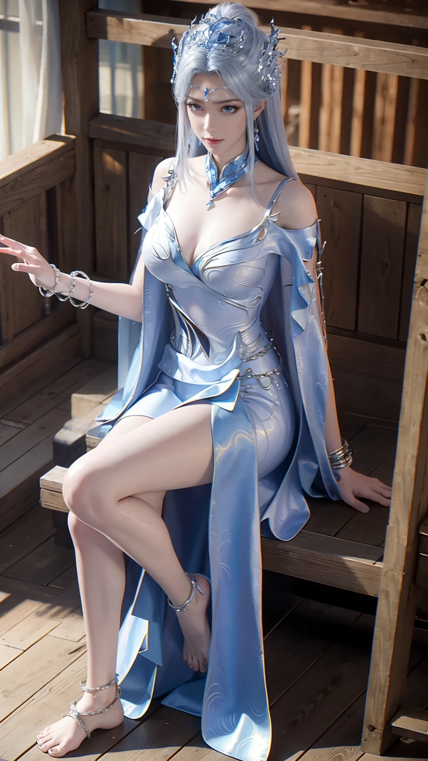 masterpiece, best quality, tthl, 1 Girl, , Solitary, Long hair:1.2, Large Breasts,, Hair accessories, skirt, Bare shoulders, Jewelry, Alternative clothing, bracelet, ear rings, 长skirt, 蕾丝skirt, bracelet, barefoot, 细barefoot, Charming smile,Cross your legs, Sitting in the bathtub, indoors, From below,camisole,Wet all over,Water Magic,Wet