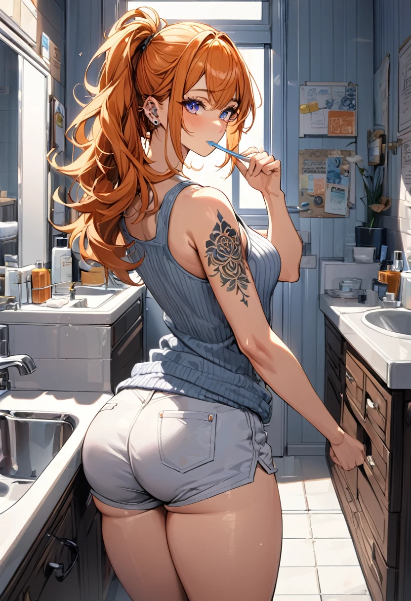 20 year old female, long orange hair, messy hair, perfect eyes, perfect silver irises, perfect pupils, thick thighs, thin ribbed tanktop, shorts, comfy clothes, many ear piercings, brushing teeth, looking back over shoulder, messy bathroom, small bathroom, highly detailed, best detail, best hands, right forearm tattoo, perfect tattoo, regular toothbrush, normal toothbrush, standing in front of sink, perfect hands