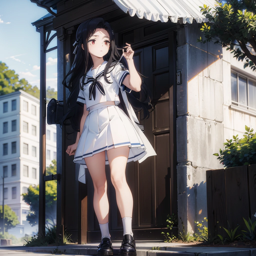 (masterpiece),(best quality),1girl,solo,teen,delicate beautiful face,(fine black hair),long hair,(white sailor suit),short sleeve,(navy blue mini skirt),white panties,bare_legs,standing,[from below],park, (morning),BREAK black socks,black shoes