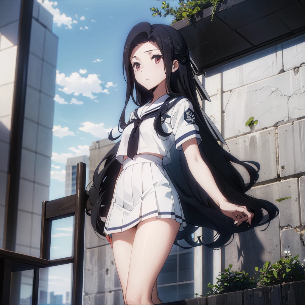 (masterpiece),(best quality),1girl,solo,,delicate beautiful face,(fine black hair),long hair,(white sailor suit),short sleeve,(navy blue mini skirt),white panties,bare_legs,standing,[from below],park, (morning),BREAK black socks,black shoes