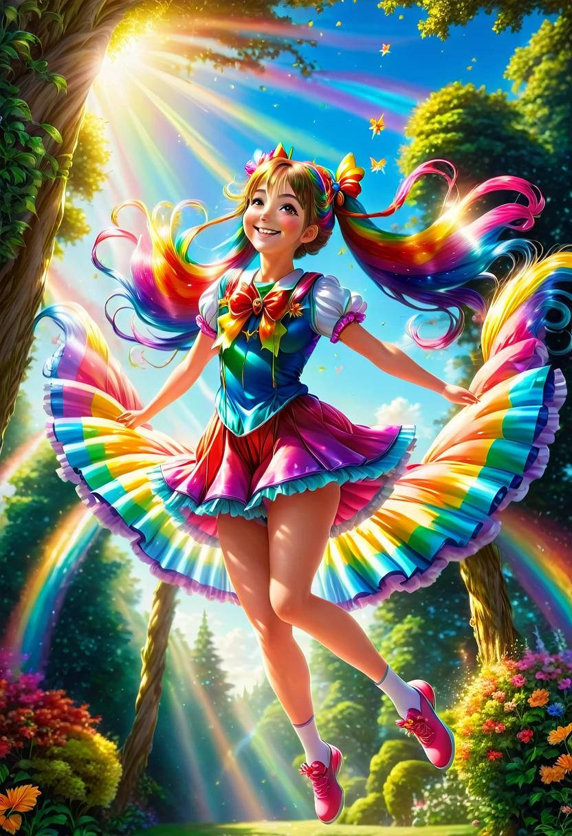 1girl, long rainbow colored twin tails:1.9, bright smiling expression, beautiful magical girl jumping down from tall trees in a magical garden, shining morning sunlight, low angle shot:1.75, close-up of the girl, extremely detailed, complex, photorealistic, 8k, HDR, cinematic lighting, vivid colors, soft and dreamlike
