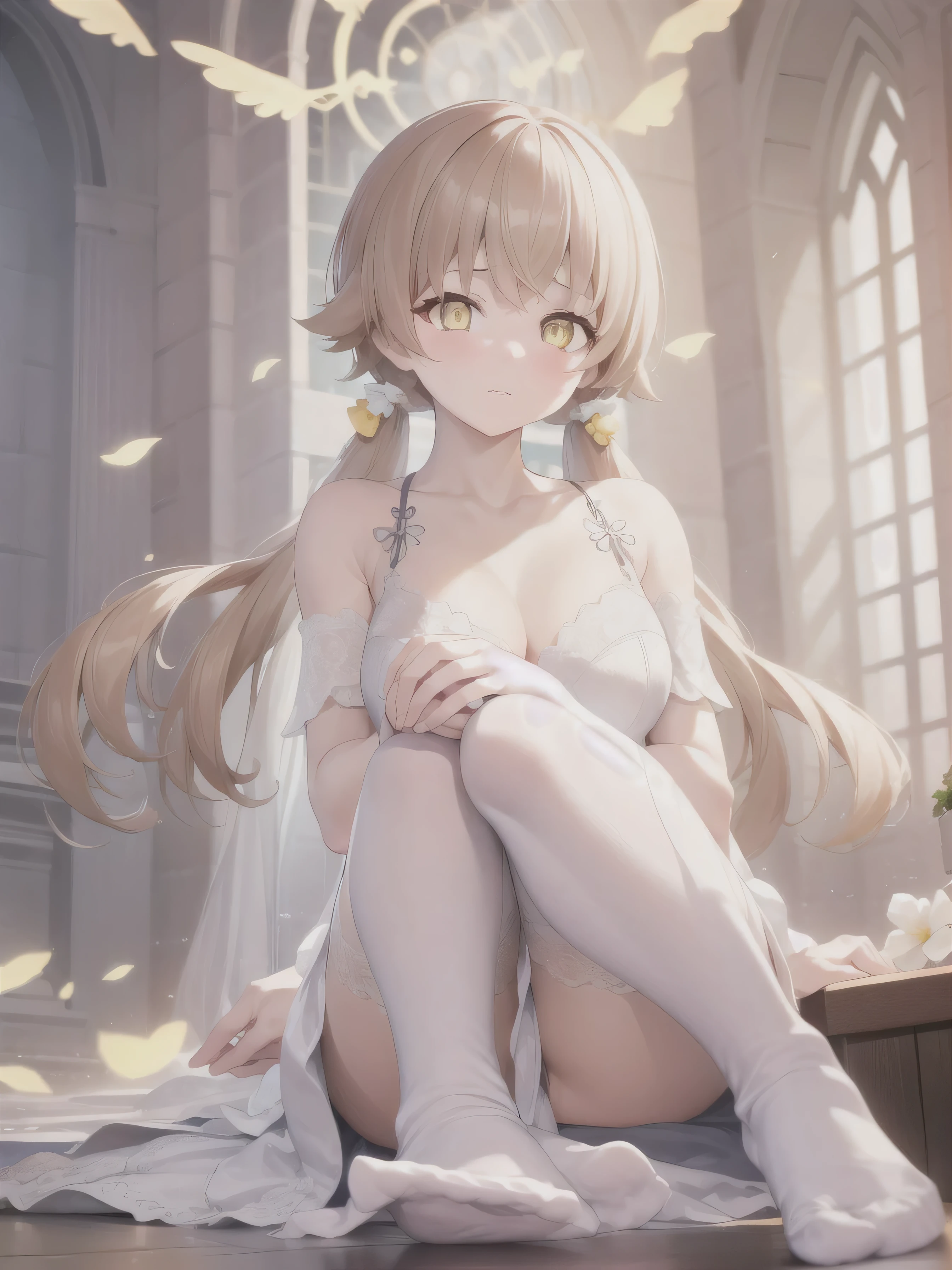 A girl,Long hair, bangs, hair, Hair between the eyes, (Yellow eyes:1.5), (Large Breasts:1.2),
rest clavicle, Wedding dress,Veil,wedding,White Dress,Flowers,The skirt is broken,White socks,Tights,White knee socks,
Looking at the audience, whole body,Put your hands in front of you,Holding Flowers,
indoors, church,permanent,permanent,
rest (masterpiece:1.2), best quality, high resolution, Unity 8K wallpaper, (illustration:0.8), (Beautiful and delicate eyes:1.6), Extremely detailed face, Perfect lighting, Extremely detailed CG, (Perfect hands, Perfect anatomical structure),