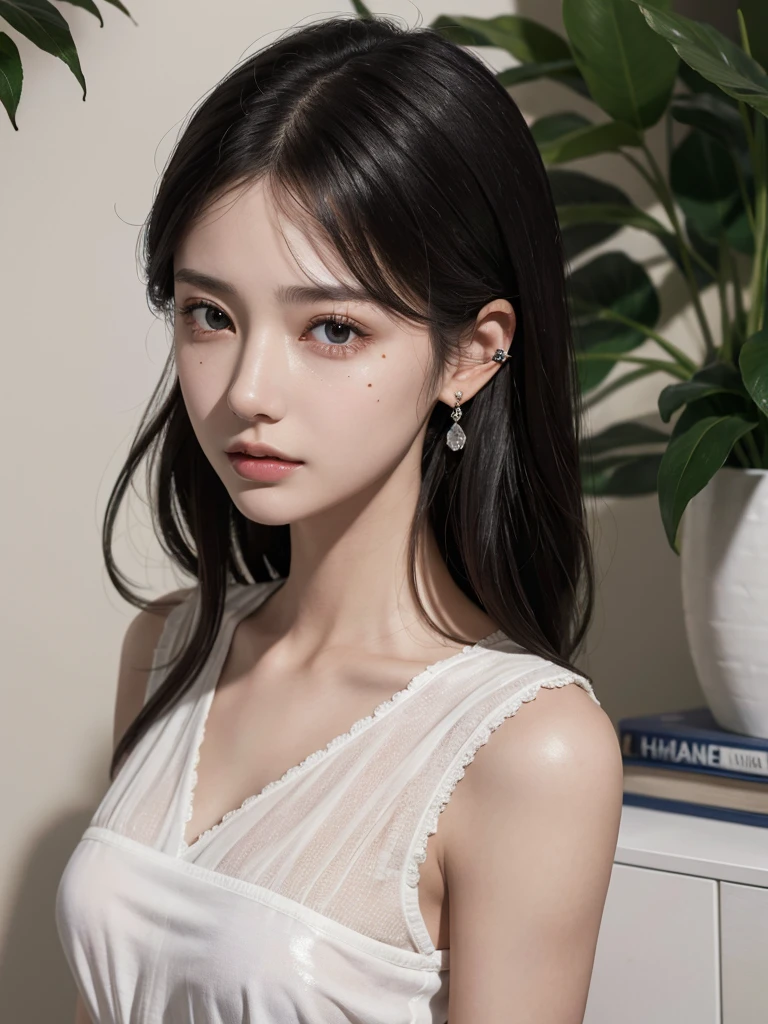 absurdres, RAW photo, extremely delicate and beautiful, masterpiece, Best Quality, ultra high resolution, 32k, hyperrealistic, ultra-detailed, in her 20s, delicate facial features, tearful mole, earring, medium breasts, full body shot, shorter middle hair, black hair, summer school_uniform,