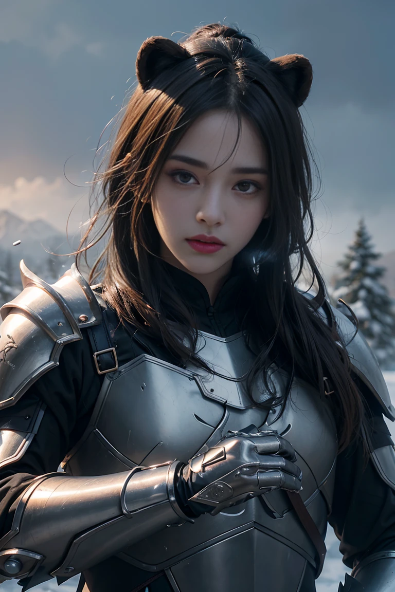 Hyperrealistic anthropomorphic bear, 8K textures, strand-based fur rendering, subsurface scattering on skin, physically-based snow shaders, volumetric fog with light scattering, raytraced reflections on armor, normal mapped leather and metal materials, particle systems for breath in cold air, bokeh depth of field --ar 21:9 --stylize 1000 --q 2 --v 5