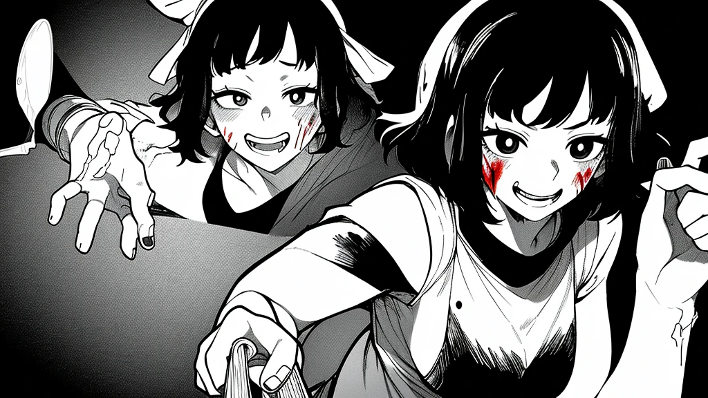 Highschool girl Bend down, looking at me with scary expression and mocking smile while licking knife, blood on her face, manga style, black and white, white background