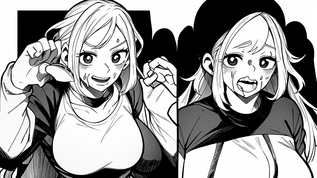 Highschool girl Bend down, looking at me with scary expression and mocking smile while licking knife, blood on her face, manga style, black and white, white background