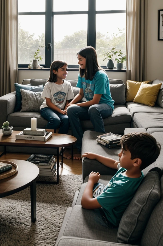 A 10-year-old boy and a are chatting in a cozy living room. The boy has short brown hair, He wears a blue t-shirt and jeans. The girl has long straight hair, with a green t-shirt and black pants. The living room is decorated with comfortable furniture, like a gray sofa and a coffee table with some books and toys scattered. Light comes in through a nearby window, softly illuminating the scene.