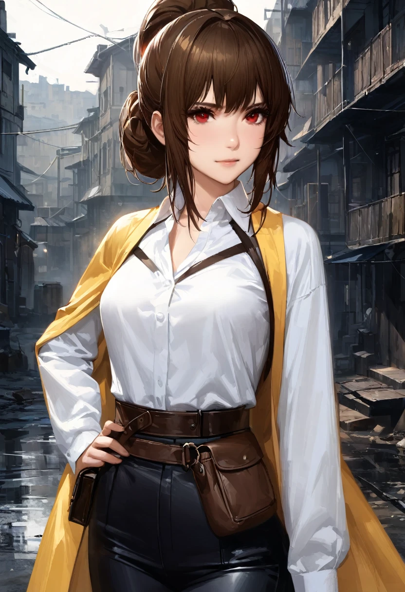 (adult), (woman) ((tall)), ((Elana From Library of ruina)), masterpiece, best quality, very aesthetic, absurdres, shiny skin, Perfect face, Perfect shadowing, Perfect cloathing, skindentation, dark aura, brown hair, ((updo hair)),  messy spiked hair , red eyes, plain white shirt, Yellow coat, black pants, ((leather waist pack)), (faint smile), realistic anime style, oil painting, slums background.