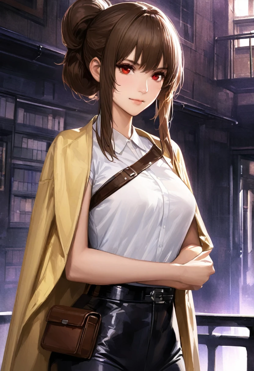 (adult), (woman) ((tall)), ((Elana From Library of ruina)), masterpiece, best quality, very aesthetic, absurdres, shiny skin, Perfect face, Perfect shadowing, Perfect cloathing, skindentation, dark aura, brown hair, ((updo hair)),  messy spiked hair , red eyes, plain white shirt, Yellow coat, black pants, ((leather waist pack)), (faint smile), realistic anime style, oil painting, slums background.