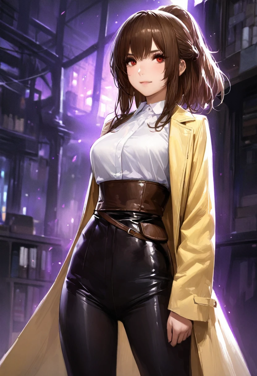 (adult), (woman) ((tall)), ((Elana From Library of ruina)), masterpiece, best quality, very aesthetic, absurdres, shiny skin, Perfect face, Perfect shadowing, Perfect cloathing, skindentation, dark aura, brown hair, ((updo hair)),  messy spiked hair , red eyes, plain white shirt, Yellow coat, black pants, ((leather waist pack)), (faint smile), realistic anime style, oil painting, slums background.